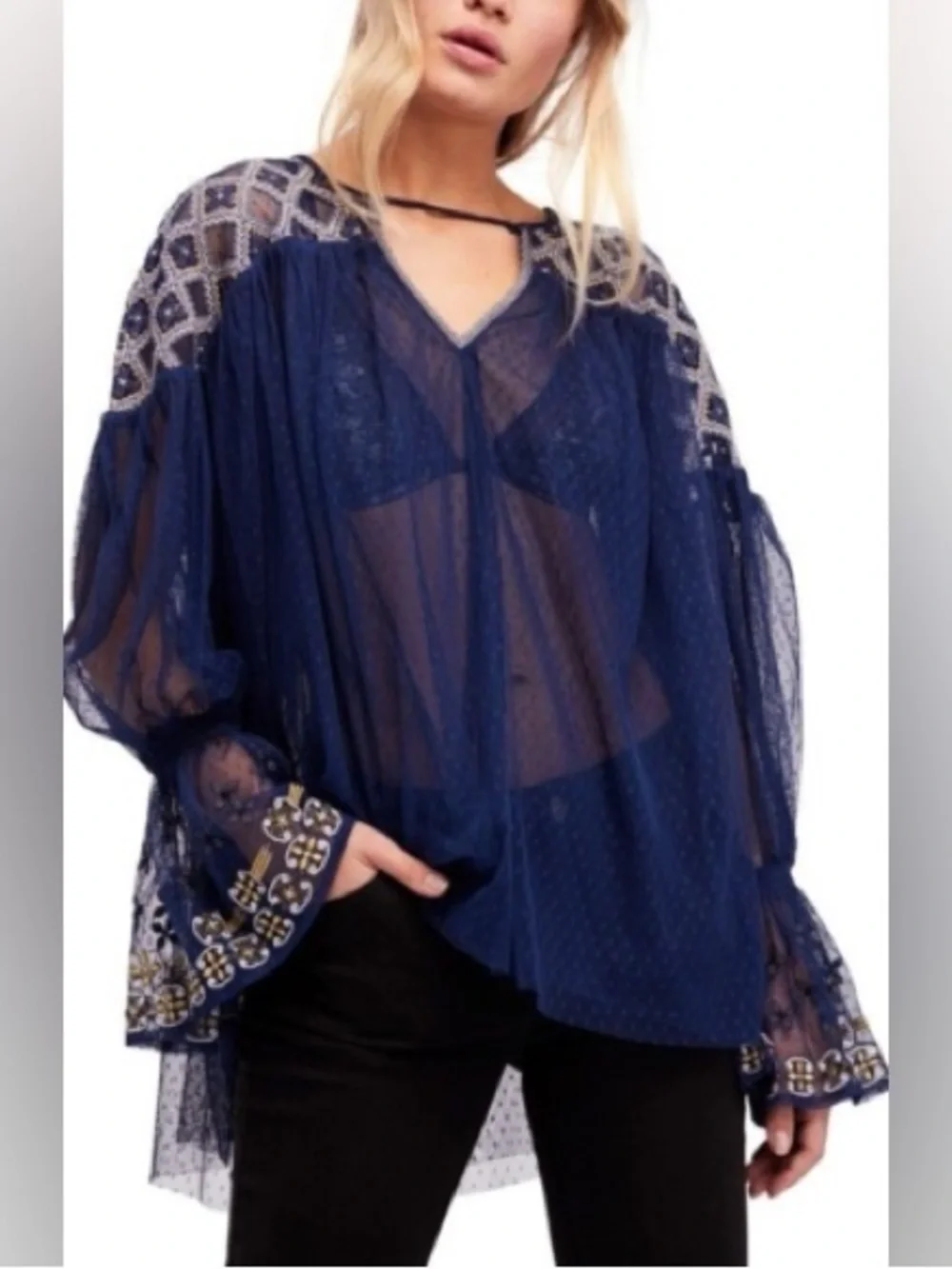 MSRP $148 FREE PEOPLE WOMEN'S NAVY BLUE EMBROIDERED MESH JOYRIDE SHEER TOP Sz S